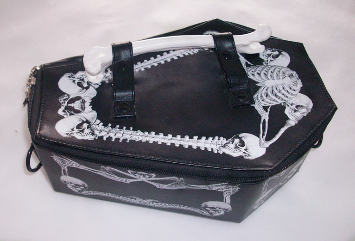 Skeleton Coffin Bag Gothic Bat Single Shoulder Bag Black PU Leather Purse Crossbody Bag