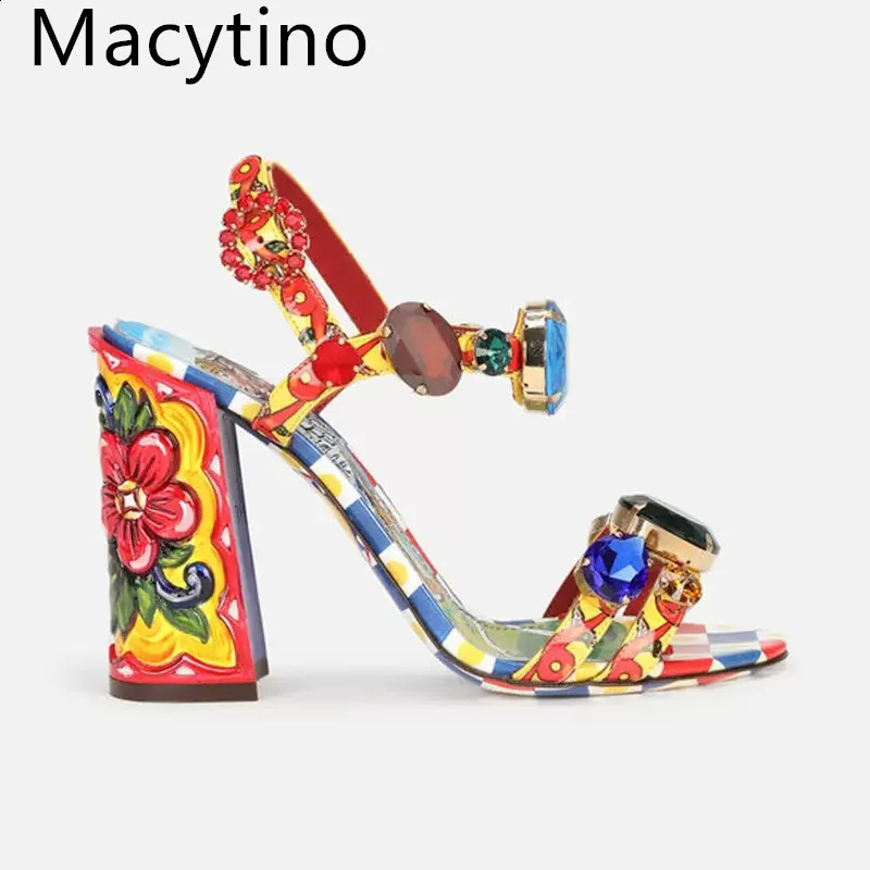 2024 Gemstone Decoration Printing Design Womens 14CM High Heel Sandals Round Shoe Blocks Fashion Party Shoes 240731
