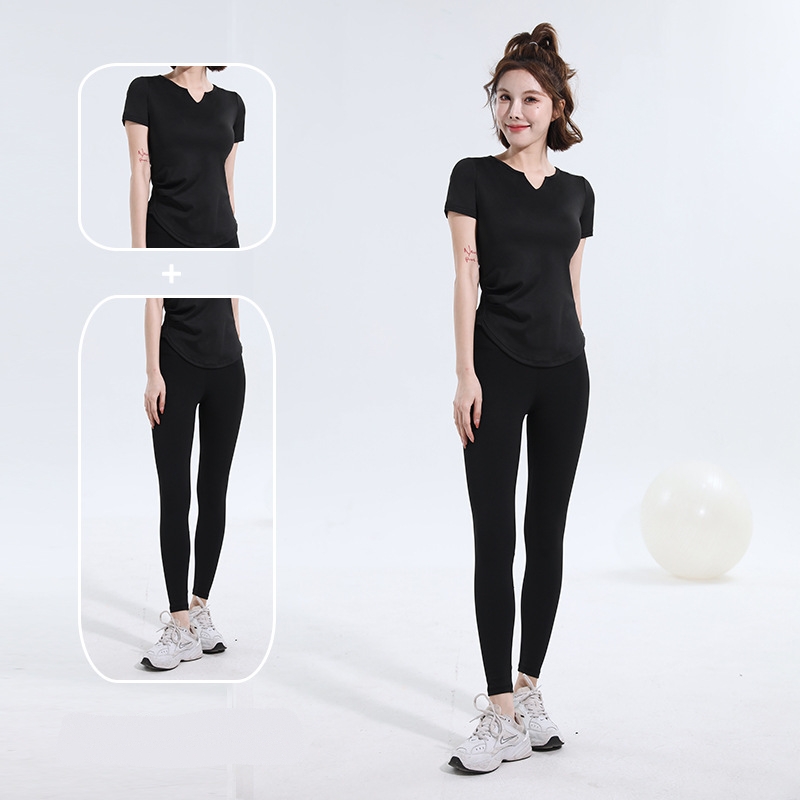 V-neck short-sleeved T-shirt quick dry naked seamless yoga clothes fold waist slimming bodyfitting sports fitness top women