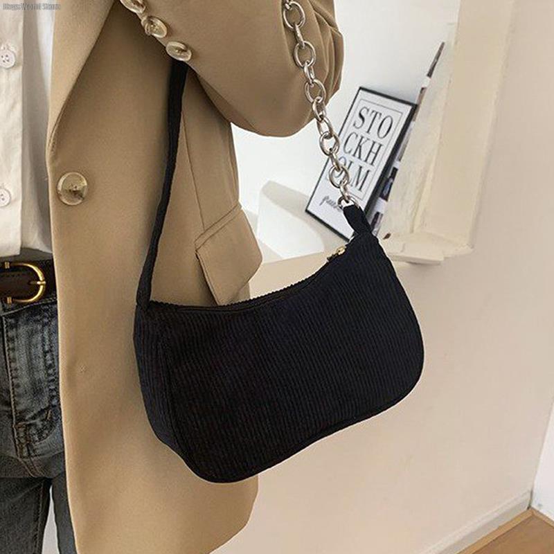 1PC Fashion Vintage Women's Handbags Corduroy Underarm Bag Casual Women Shoulder Bags Solid Color Zipper Female Handbag Clutch
