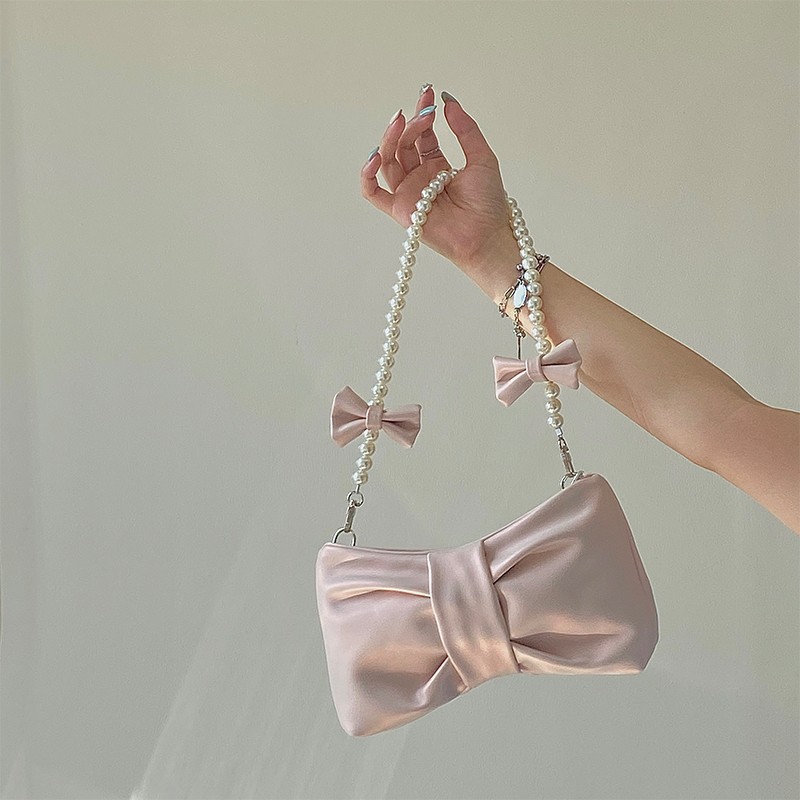 2022 Women's Vintage Bowknot Pearl Chain Shoulder Bag Fashion Girl Pearlescent New In Handbag Sac A Main Femme Bolsa Tote Bags