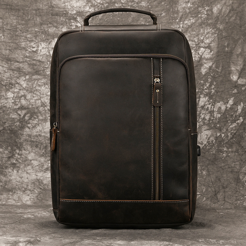 Crazy Horse Leather Backpack For Men - 15.6 Laptop, Cowhide, Large Capacity, Travel Daypack With USB Cable New Free Delivery Designer Bag