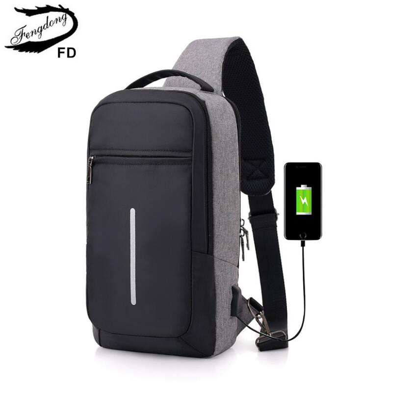 Fengdong male sling travel chest bag reflective strip backbag unisex one shoulder usb bag waterproof small messenger bag bagpack