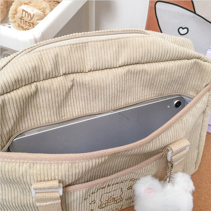 Cute Casual Bag for Women Shoulder Bags 2023 Corduroy Shopper JK Cartoon Embroidered Bear Letter Girls Handbags Student Tote Bag