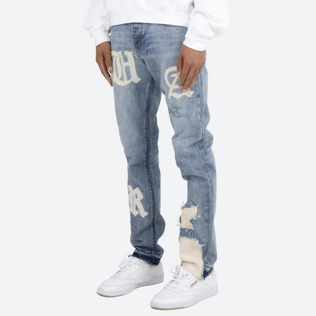 Retro washed letter embroidery tear hole blue mens jeans straight through street clothing hip-hop loose neutral denim 240829