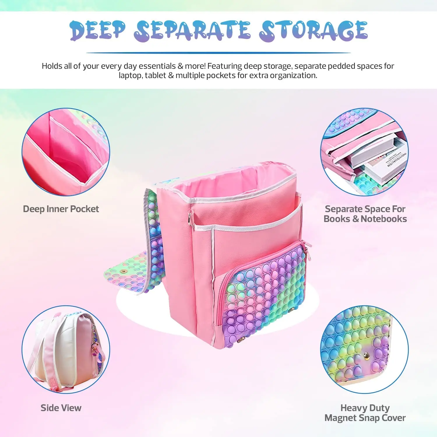 Rainbow Pop School New Fidget Backpack Quality For Kids Teenagers Girls & Boys Adjustable Waterproof Book Bags ADHD Anxiety Relief