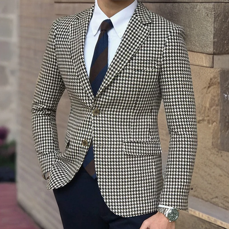 Houndstooth Plaid Blazer for Men One Piece Suit Jacket with 2 Side Slit Slim Fit Casual Male Coat Fashion Clothes 2024