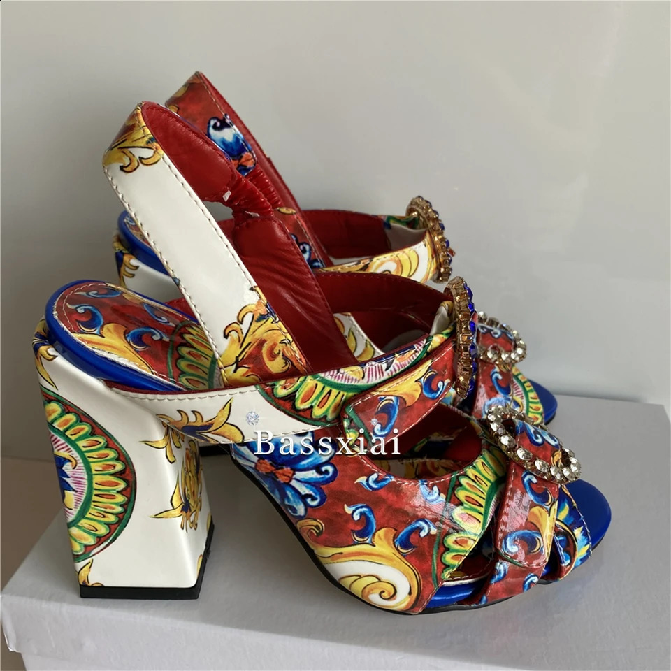 Exotic printed flower patent leather sandals for women thick high heels open toe crystal rhinestone buckle summer shoes 240731
