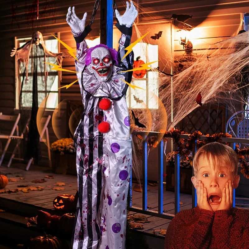 Halloween Animatronic Hanging Decoration Animated Talking Scary Clown with Chain Red Eyes Sound Touch Activated Electric Horror Y240801