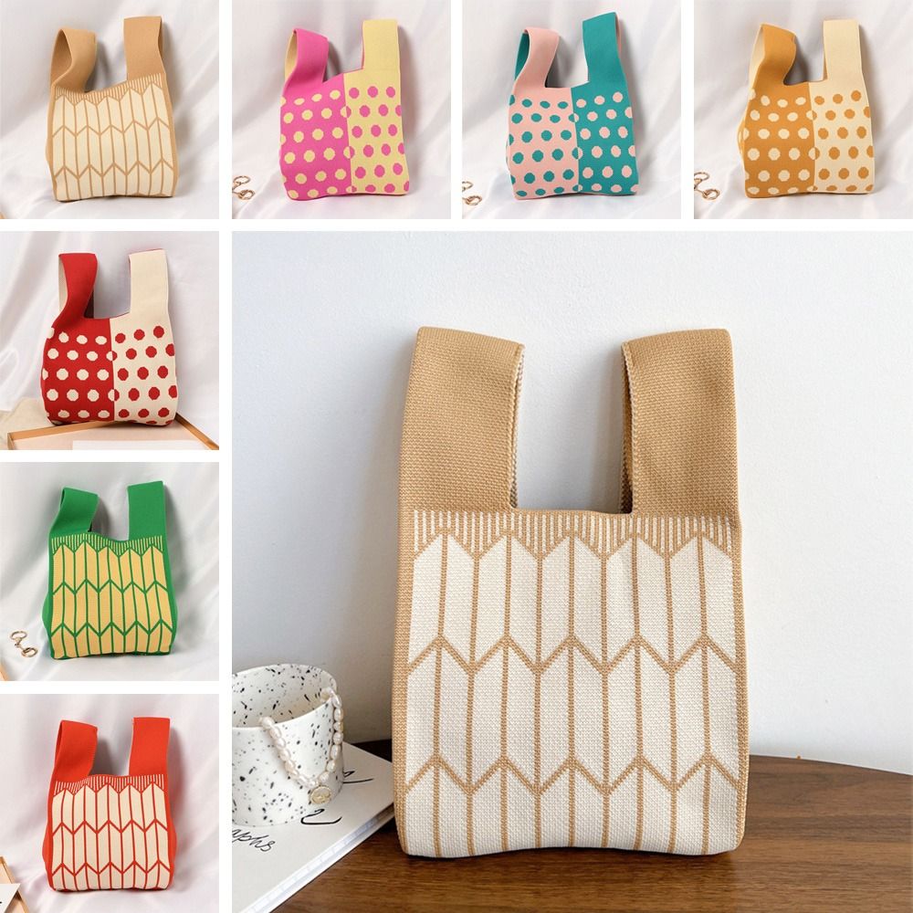 Handmade Knit Handbag Casual Color Tote Bag Women Girls Mini Knot Wrist Bag Plaid Shoulder Bag Reusable Shopping Bags