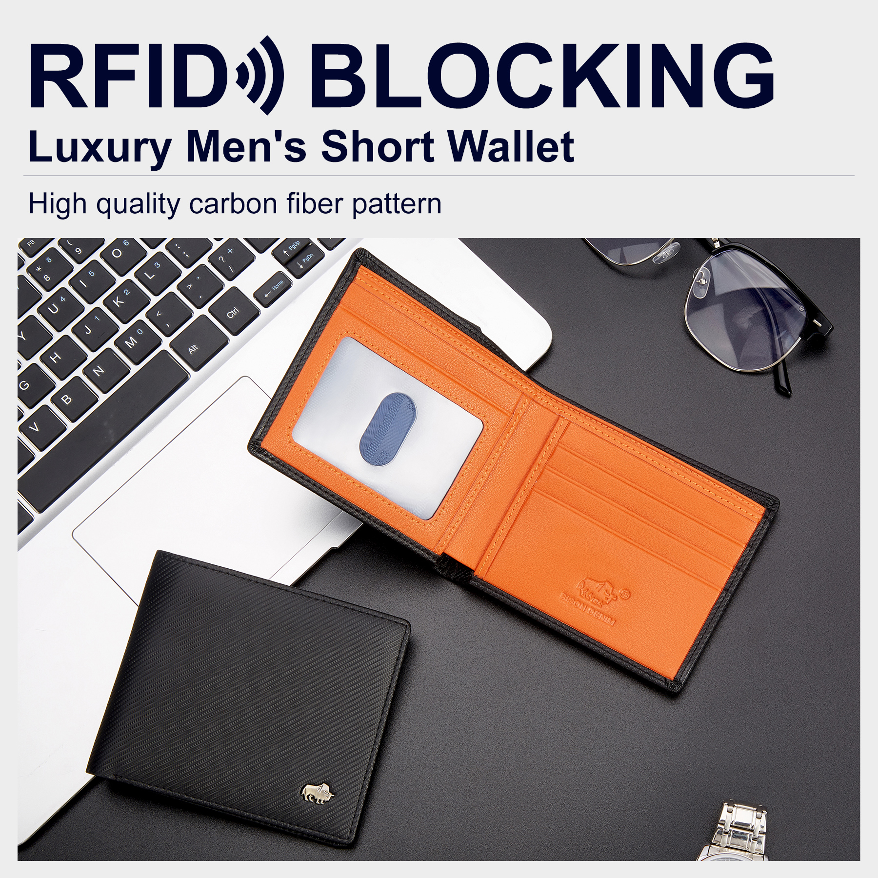 2024 Men's Carbon Fiber Short Wallet Luxury Designer RFID Blocking Card Holder Coins Pocket Purse Gift Boyfriend Husband Father
