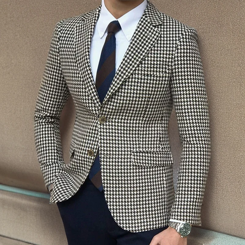 Houndstooth Plaid Blazer for Men One Piece Suit Jacket with 2 Side Slit Slim Fit Casual Male Coat Fashion Clothes 2024