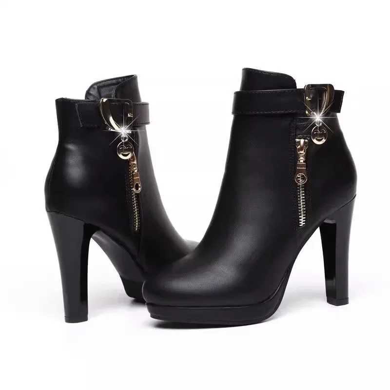Round toe high-heeled shoes for women in winter 2024 sexy plush ankle boots simple slim fit high-heeled leather shoes elegant womens high-heeled shoes