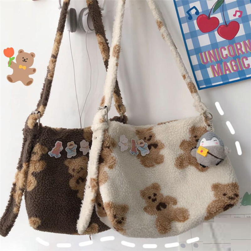 Women Cute Bear Like Fabric Plush Shoulder Bag Simple Handbag Tote Bag Embroidery Soft Shopping School For Girls Sac Femme