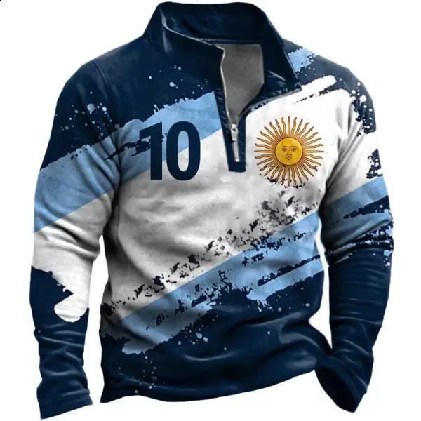 Argentina Flag Sweatshirt Mens Casual Half Zipper Sweatshirt Stand Collar Jacket Fashion Long Sleeve POLO Shirt Flag 3D Hoodie 240802