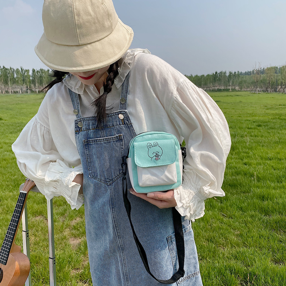 Canvas Women‘s Phone Bag Cartoon Printed Shoulder Messenger Bag Fashion Hit Color Flap Purse Casual Handbag Female Shopping Bag