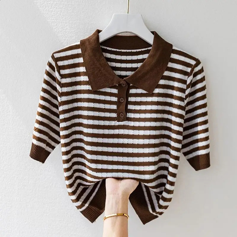 Fashion Women Short Sleeve Striped Knitted Polo Shirts Spring Summer All-match Tees Female Clothing Pullover Bottoming Tops 240801