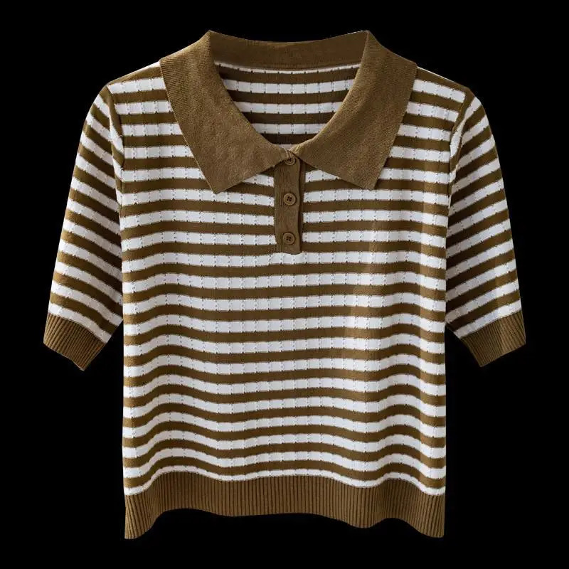 Fashion Women Short Sleeve Striped Knitted Polo Shirts Spring Summer All-match Tees Female Clothing Pullover Bottoming Tops 240801