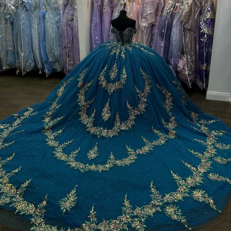 Blue Shiny Off The Shoulder Gown Quinceanera Dresses Appliques Lace Beaded Sweet 16 Birthday Party Gowns Robe De Ball