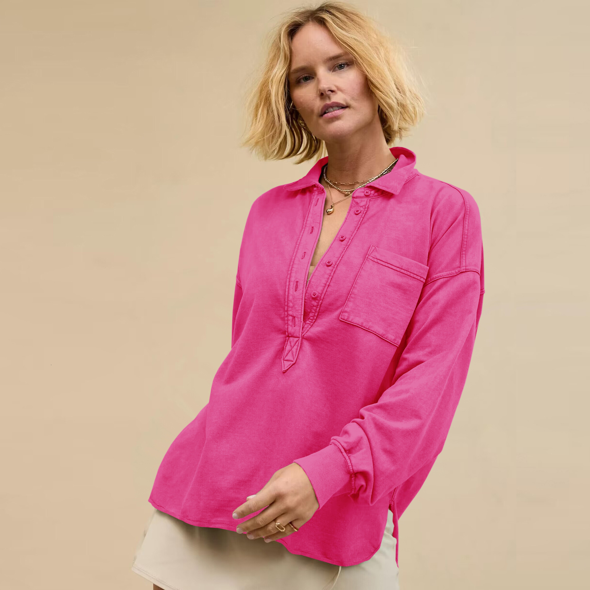 New fashionable and versatile women's loose POLO collar button casual long sleeved design with a sense of slit sweatshirt F8.2#52