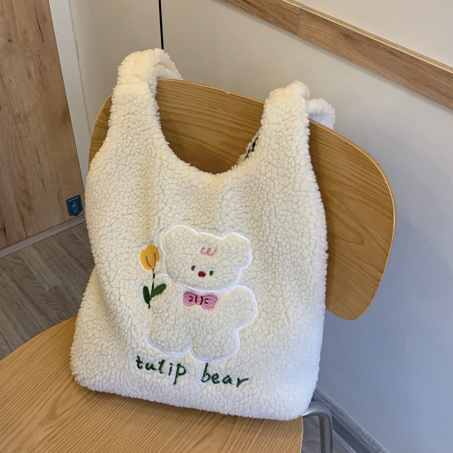 Women Plush Shoulder Bag Embroidery Warm Cloth Handbag Soft Canvas Tote Large Shopping Bag Cute Cartoon Bear Book Bags For Girls