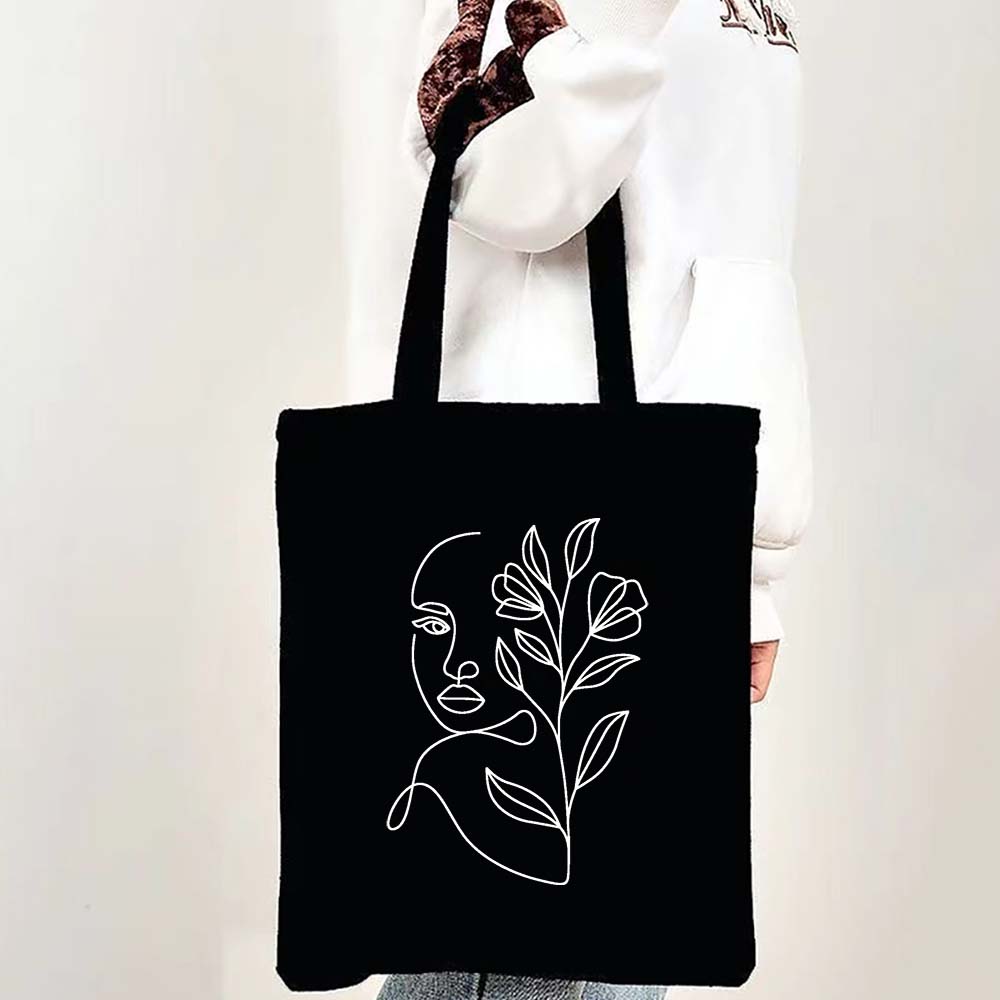 Beautiful Women Face Tote Bag Floral Line Art Fashion Girl Face Print Gift Canvas Shopping Bags Reusable ECO Shopper Bag