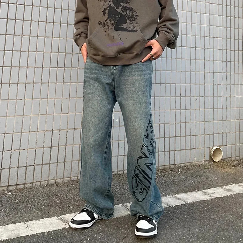 Original American Style Street Letter Sprayed Straight-leg Jeans Men Hip Hop Niche Loose-fit Dragging Bell Bottom Trousers 240802