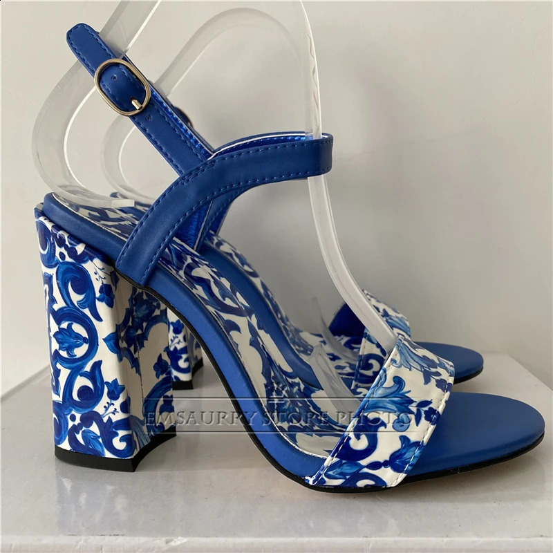 Blue and white ceramic tile printed sandals womens ankle strap genuine leather solid color open toe party shoes 240731