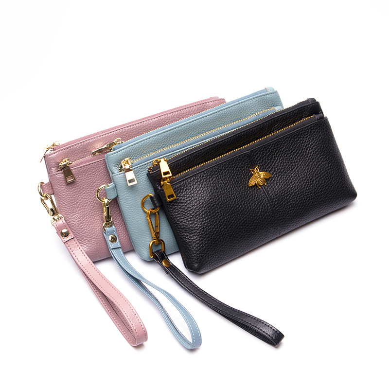 100% Genuine Leather Women's Wallet Fashion Zippers Bag Long Coin bee Purse Wristband Female Clutch Ladies Real Leather Wallets
