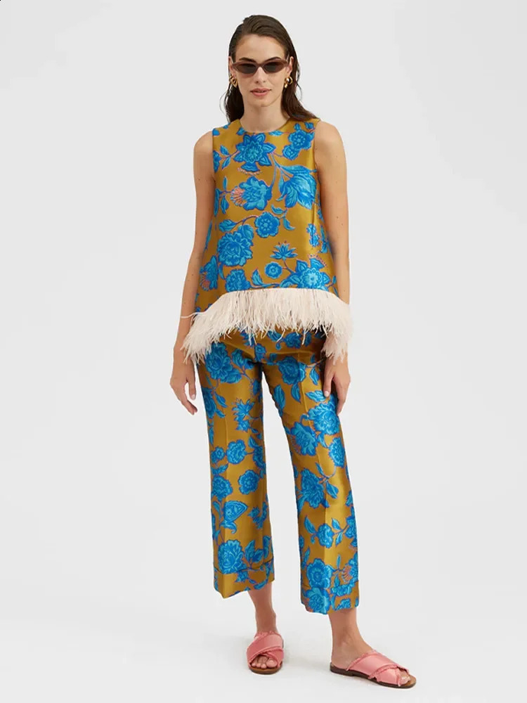 Printed feather splicing fashion twopiece set for womens sleeveless Oneck top high waisted pants casual ethnic tribe 240814