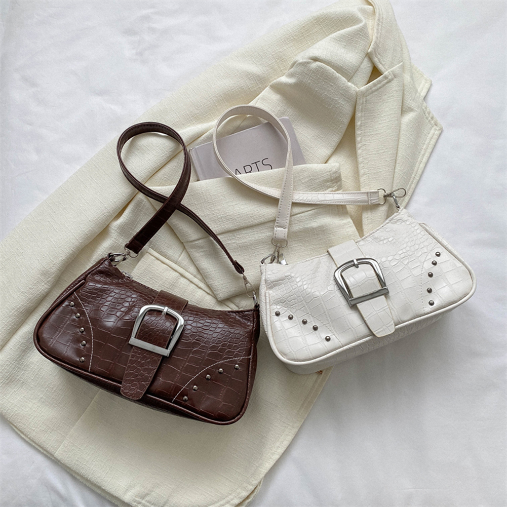 Women Shoulder Bag Rivets PU Leather Fashon Ladies Handbags Y2K Punk Summer Simple Casual Alligator Pattern Trends Handbags