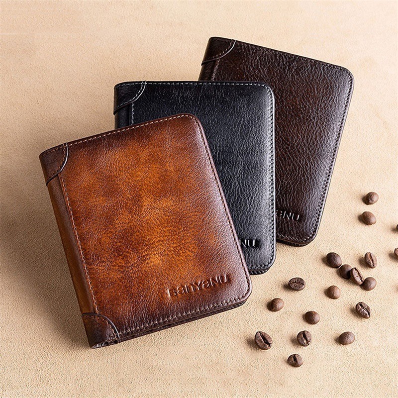 Three Fold Wallet Men's RFID Blocking Wallet Vintage PU Leather Wallet Business Credit Card Holder Bag Purse Men