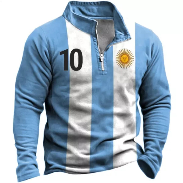 Argentina Flag Sweatshirt Mens Casual Half Zipper Sweatshirt Stand Collar Jacket Fashion Long Sleeve POLO Shirt Flag 3D Hoodie 240802