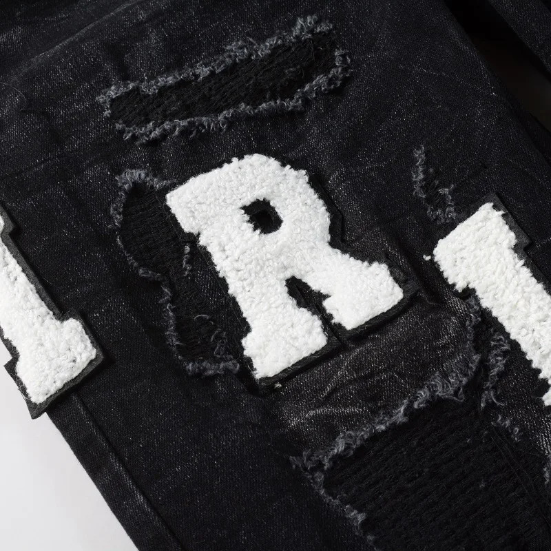 Mens High Street Black Jeans Embroidered Letter Tight Elastic Jeans 240829