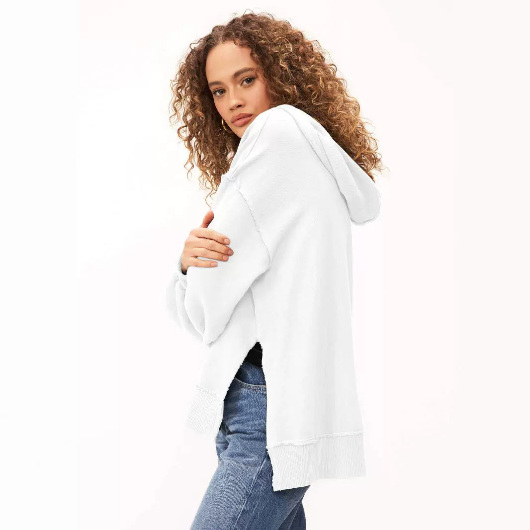 Solid color drawstring hooded sweatshirt with slit fashion trendy brand long sleeved top baseball jersey F8.2#53