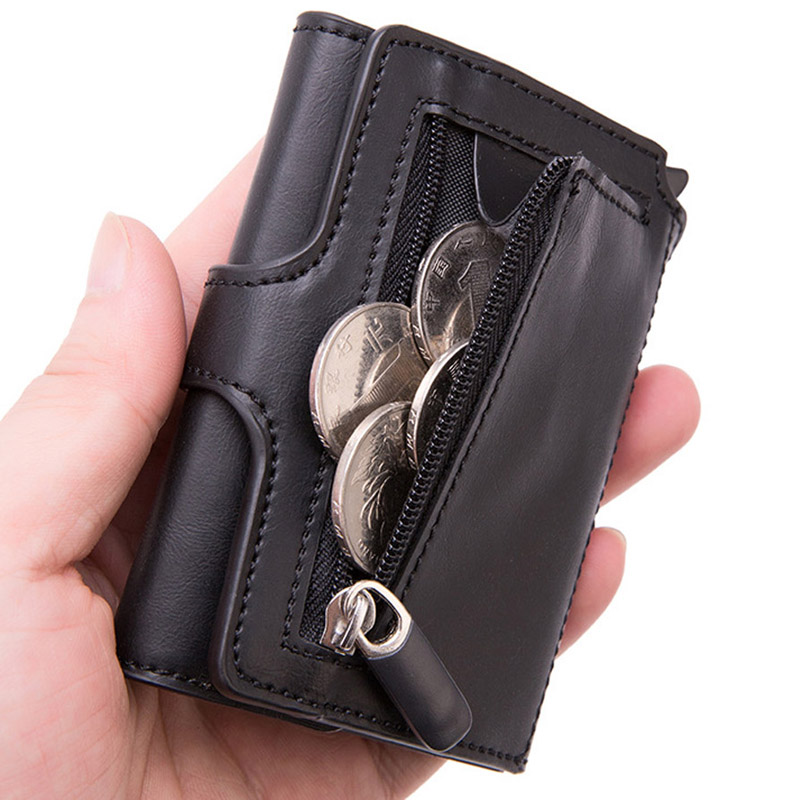 Taihaole Men RFID Button Credit Card Holder High Quality Metal Aluminum Auto Pop-up RFID ID Card Case Black Wallet Coin Purse