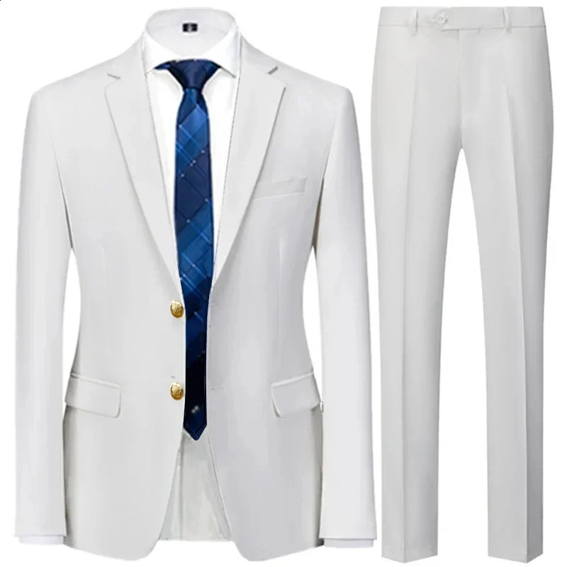 Fashion Mens Casual Business Suit Coat Trousers 2 Pieces Set / Male Solid Color Wedding Two Button Blazers Jacket Dress Pants 240802