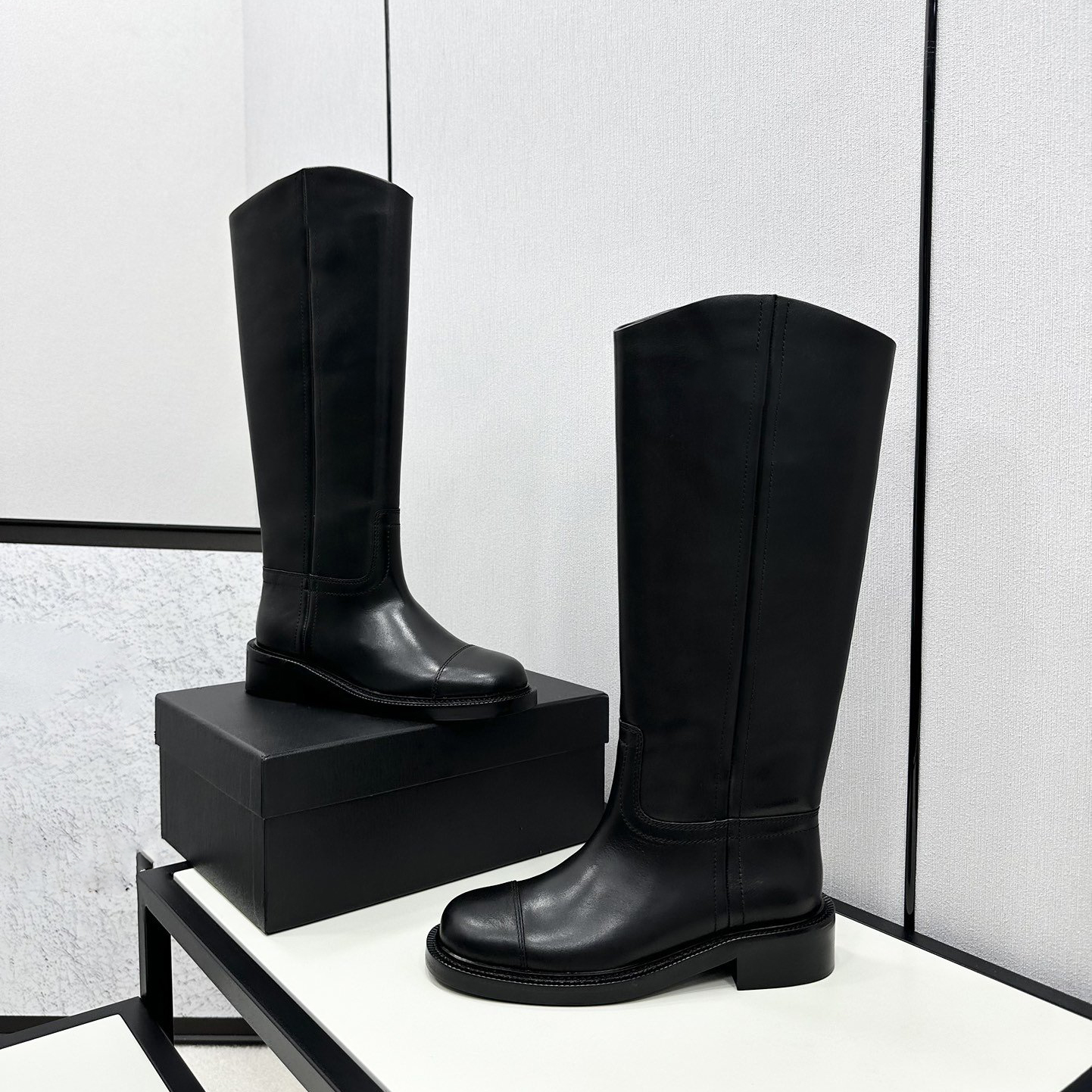 2024 Cow Leather Knee Boots Round Toe Chunky Low Heels Slip On women's Autumn Winter Party Designer leather booties factory footwear wiith box size 34-41