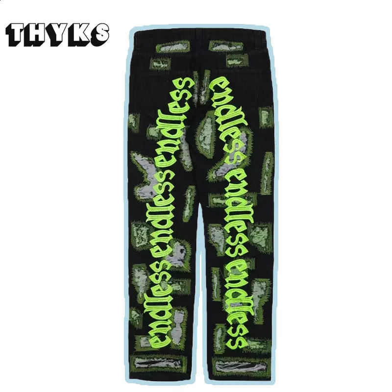 Letter Embroidery Jeans for Men High Street Gothic Street Clothing Mens Straight Waist Bag Denim Trouser Neutral Spring 240829