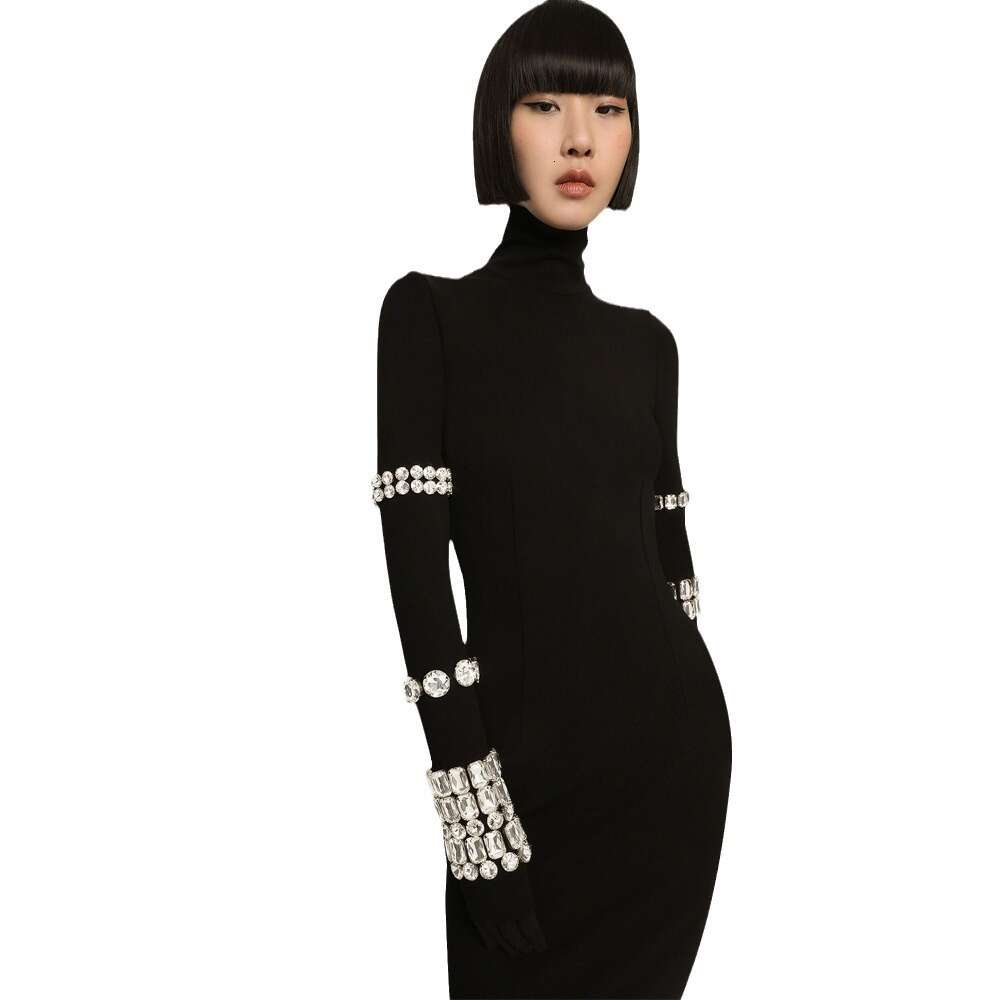 New Heavy Industry Nail Drill Long Sleeve High Neck Bandage Dress Slim Fit and Slim Look Knitted Round Neck Womens Autumn/Winter Edition