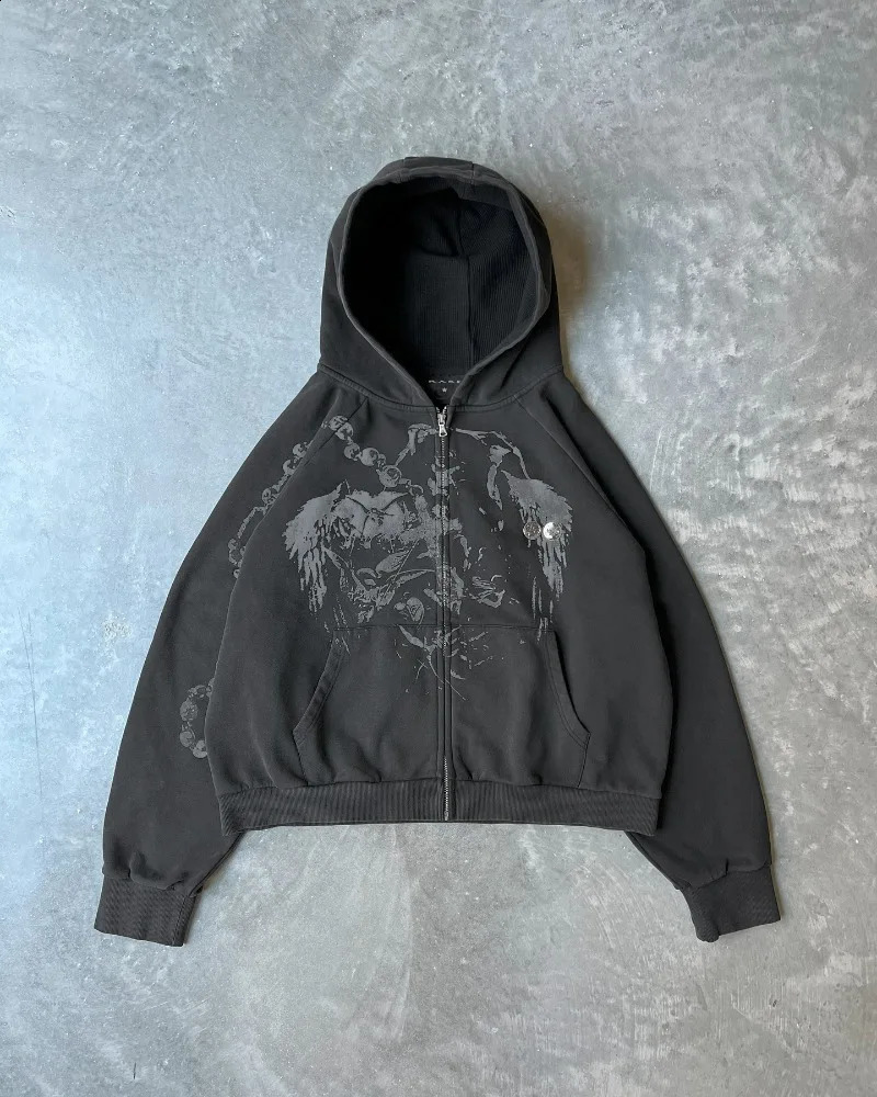 Y2K Harajuku Style Fashion Black Print Hooded Sweater Men Vintage Hip Hop Casual Joker Sports Hoodie Streetwear Tops 240802