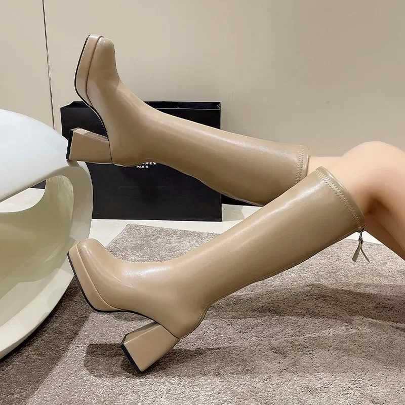 High Quality Black Winter Warm Boots Fi Platform Thick Heel Knee High Zipper Autumn Lg Shoe Square Heel Rubber T241206
