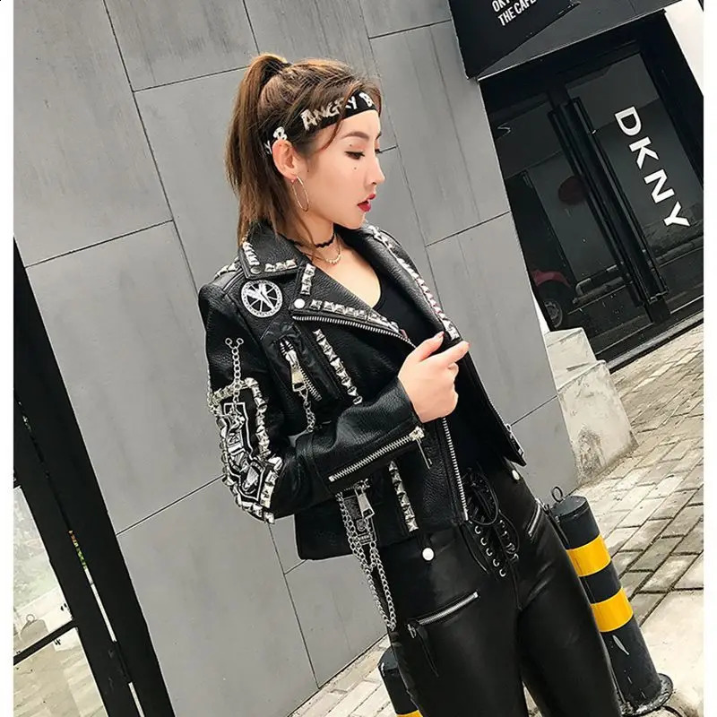Goth Slim Short Leather Jacket Winter Womens Coats Harajuku Fashion Tops Women Y2k Rivet Jackets Biker Clothes Vintage Outwear 240802