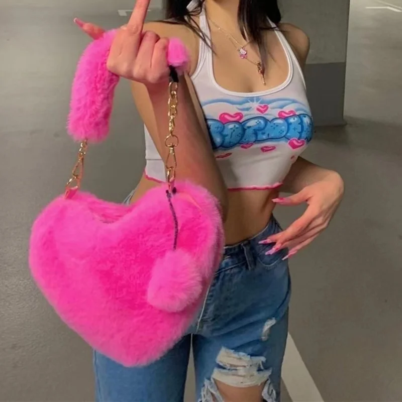 Luxury Faux Fur Heart-shaped Women Small Handbags Fluffy Plush Ladies Chain Shoulder Bag Fashion Female Furry Daily Clutch Purse