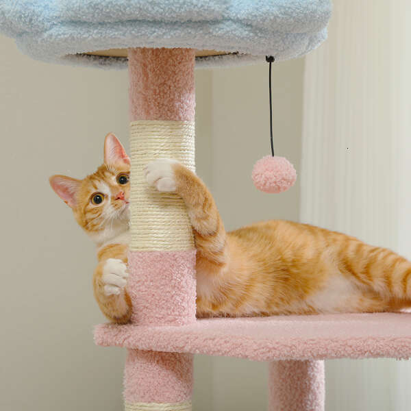wer Tree 47.2-inch Multi story Tower, Scratching Pillar Covered with Sisal, Cute Cat Apartment, Suitable for Indoor Small and Medium sized Cats, Pink 