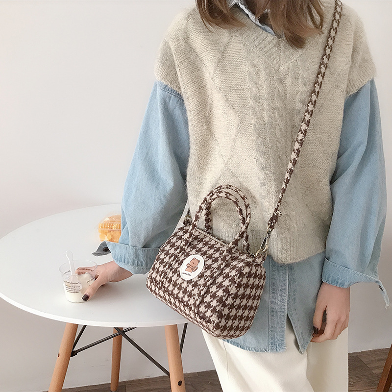 Cute Bear Women Little Boston Bag Woolen Corduroy Shoulder Bag Small Handbag Plush Crossbody Bags Cloth Zipper Purse For Girls