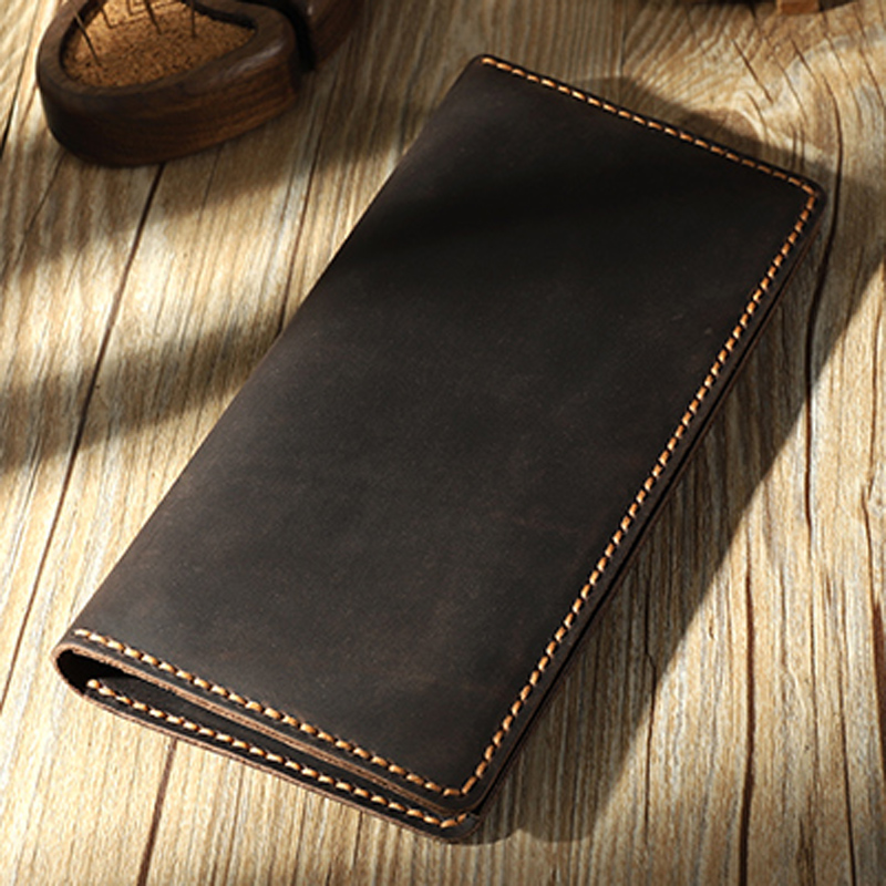 Handmade Vintage Cowhide Genuine Leather Men Wallet Leather Long Wallet Clutch bag tough Male Purse Money Bag Money Clips WF219