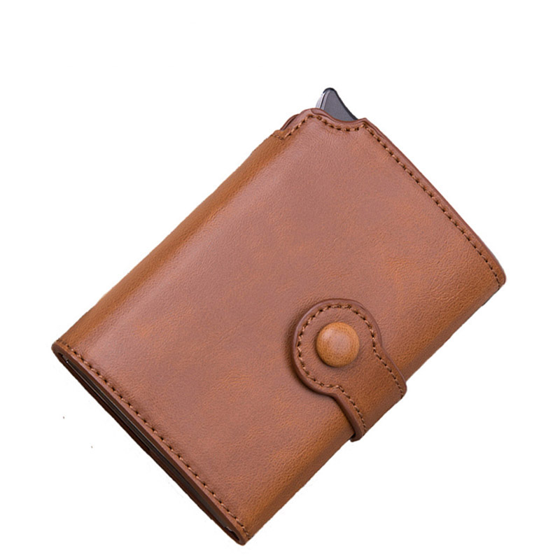 Taihaole Men RFID Button Credit Card Holder High Quality Metal Aluminum Auto Pop-up RFID ID Card Case Black Wallet Coin Purse