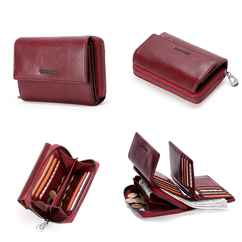 CONTACT'S Genuine Leather Wallet Women Short Coin Wallets for Women Female Card Holder Red Small Hasp Money Bag