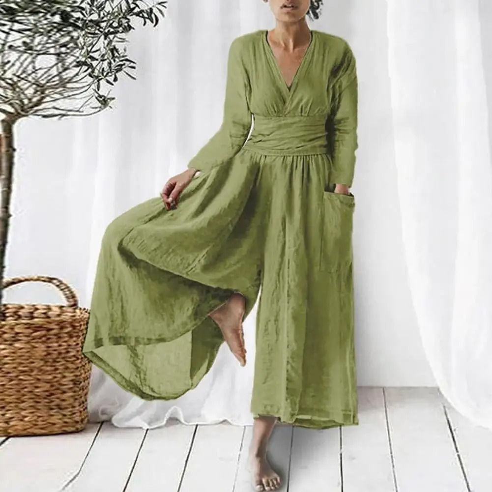 Cotton Linen Jumpsuit V-neck Waist Tight Long Sleeve Women Playsuit Spring Oversized Loose Long Pants Rompers Womens Clothing 240802